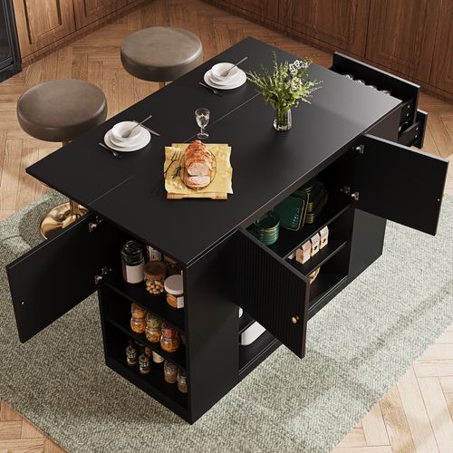 Îlot De Cuisine Noir 140 X 40 X 90 Cm Avec Plateau Rabattable Et Rangement