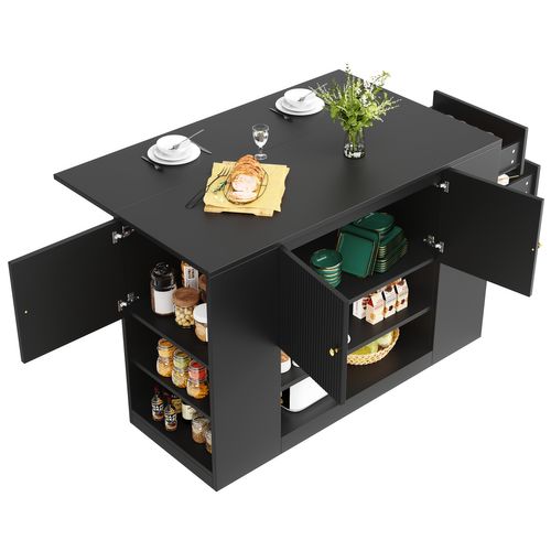 Îlot De Cuisine Noir 140 X 40 X 90 Cm Avec Plateau Rabattable Et Rangement