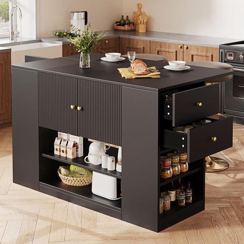 Îlot De Cuisine Noir 140 X 40 X 90 Cm Avec Plateau Rabattable Et Rangement