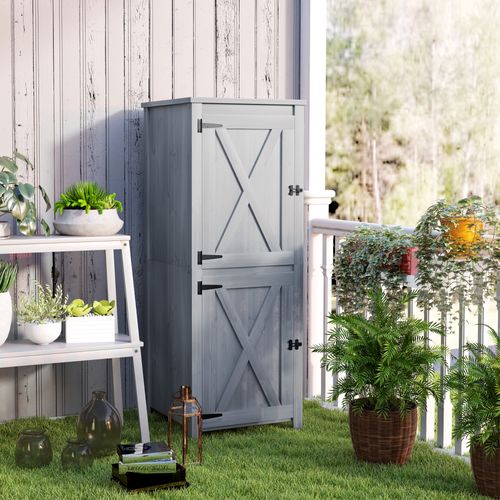 Armoire De Jardin 60x60x160 Cm En Bois Avec Double Porte Verrouillable Gris Clair