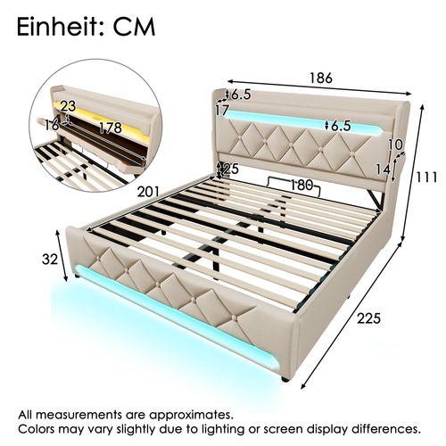 Lit 180x200 Cm Beige En Lin Avec Tête De Lit Rangement, LED 360° Et Ports USB/type-c