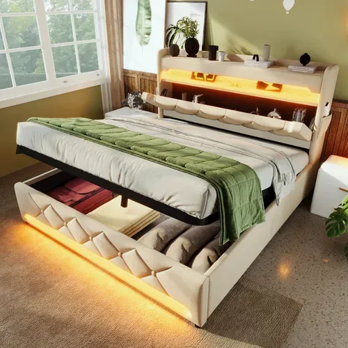 Lit 180x200 Cm Beige En Lin Avec Tête De Lit Rangement, LED 360° Et Ports USB/type-c
