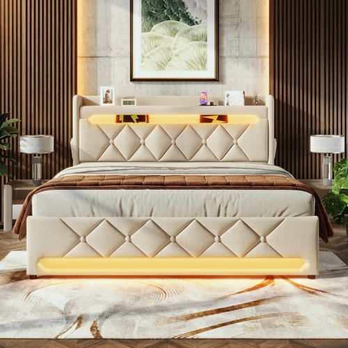 Lit 180x200 Cm Beige En Lin Avec Tête De Lit Rangement, LED 360° Et Ports USB/type-c