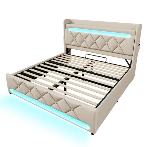 Lit 180x200 Cm Beige En Lin Avec Tête De Lit Rangement, LED 360° Et Ports USB/type-c