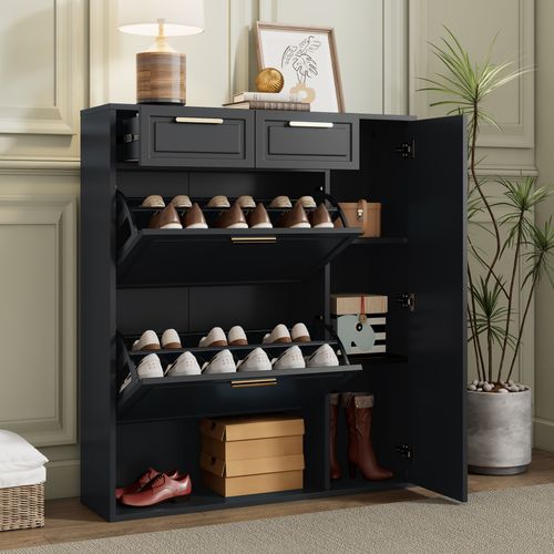 Armoire à Chaussures 95 cm avec Portes Rabattables, Tiroirs et Étagères Réglables Noir