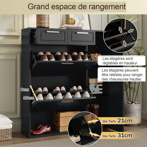 Armoire à Chaussures 95 cm avec Portes Rabattables, Tiroirs et Étagères Réglables Noir