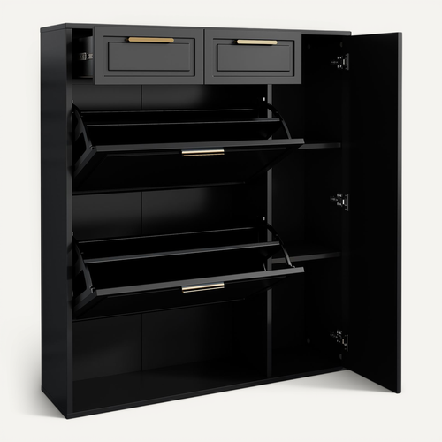 Armoire à Chaussures 95 cm avec Portes Rabattables, Tiroirs et Étagères Réglables Noir