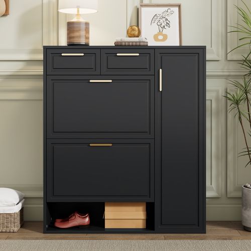 Armoire à Chaussures 95 cm avec Portes Rabattables, Tiroirs et Étagères Réglables Noir