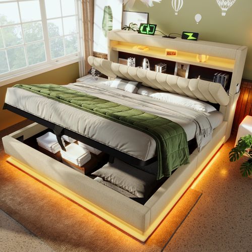 Lit Coffre 160x200 Cm Avec Structure Relevable Beige