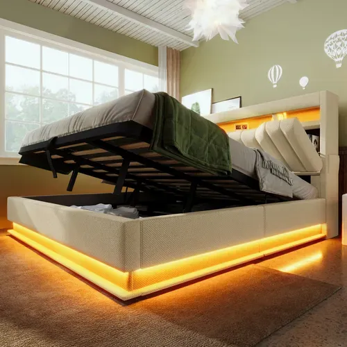 Lit Coffre 160x200 Cm Avec Structure Relevable Beige