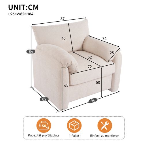 Fauteuil Beige En Chenille 96 X 82 X 84 Cm Pour Salon Et Chambre