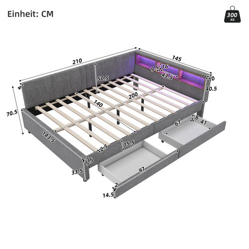 Lit Banquette Gris 140x200 Cm Avec LED, USB/type C Et Rangements Pour Chambre
