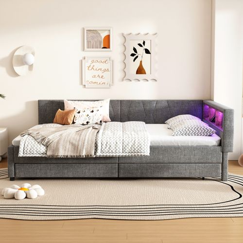 Lit Banquette Gris 140x200 Cm Avec LED, USB/type C Et Rangements Pour Chambre