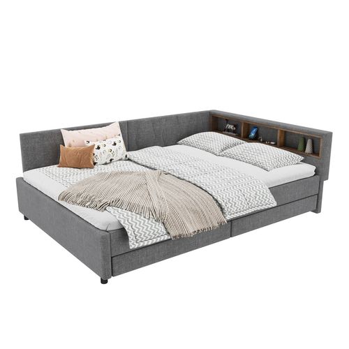 Lit Banquette Gris 140x200 Cm Avec LED, USB/type C Et Rangements Pour Chambre
