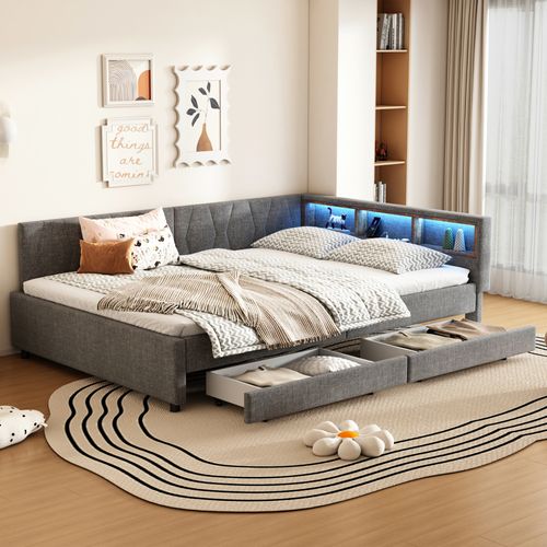 Lit Banquette Gris 140x200 Cm Avec LED, USB/type C Et Rangements Pour Chambre