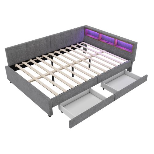 Lit Banquette Gris 140x200 Cm Avec LED, USB/type C Et Rangements Pour Chambre