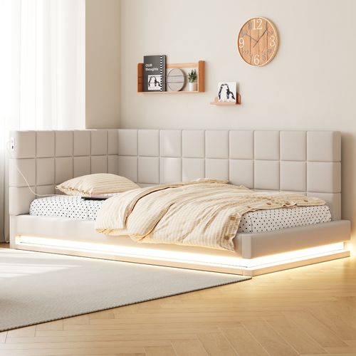 Lit 90x200 Cm Avec Sommier à Lattes Beige