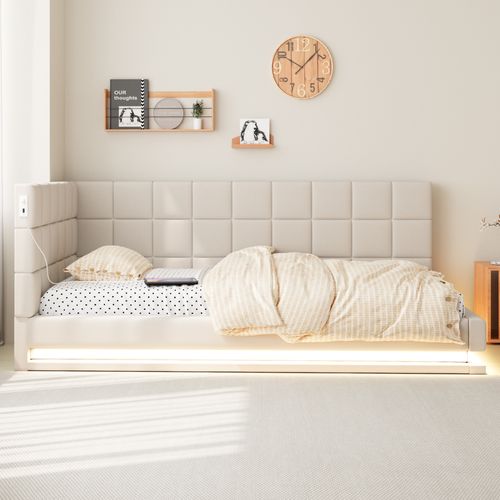 Lit 90x200 Cm Avec Sommier à Lattes Beige