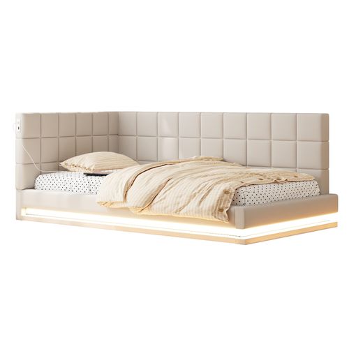 Lit 90x200 Cm Avec Sommier à Lattes Beige