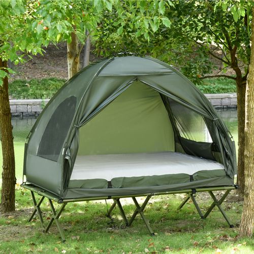 Lit De Camping 2 Personnes 193 X 136 Cm Avec Tente Et Matelas Pneumatique Vert