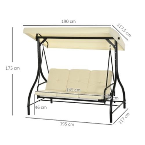 Balancelle 3 Places 195 Cm Avec Fonction Lit De Jour Et Toit Inclinable Beige