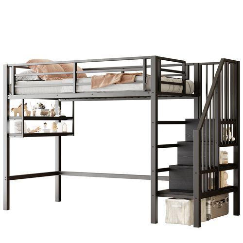 Lit Mezzanine 90x200 Cm Avec Structure En Métal Noir