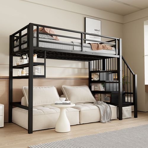Lit Mezzanine 90x200 Cm Avec Structure En Métal Noir
