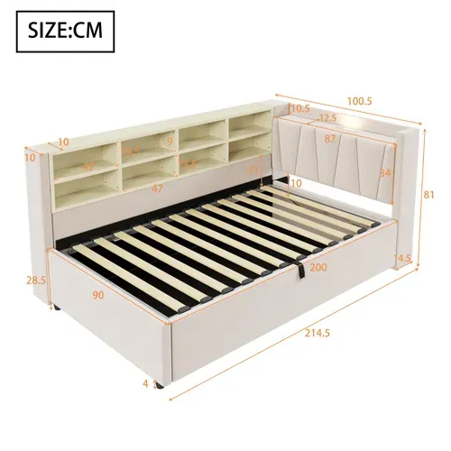 Lit Banquette Beige 90x200 Cm Avec Tête De Lit LED, USB/type-c Et Rangement