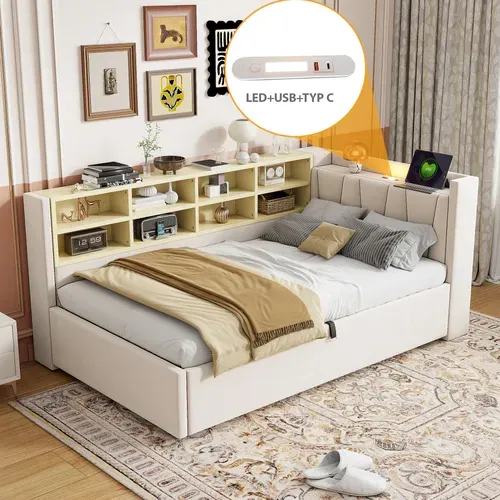 Lit Banquette Beige 90x200 Cm Avec Tête De Lit LED, USB/type-c Et Rangement