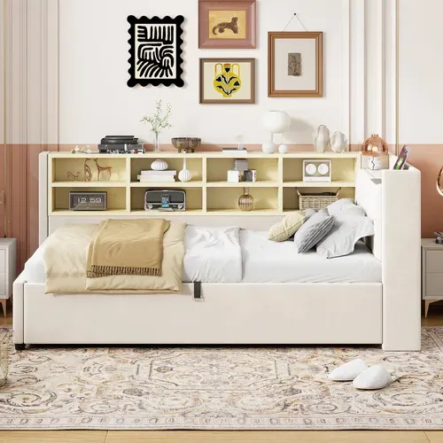 Lit Banquette Beige 90x200 Cm Avec Tête De Lit LED, USB/type-c Et Rangement