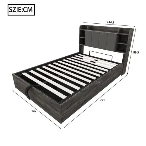 Lit Coffre 140x200 Cm Avec Sommier Relevable Hydraulique Gris