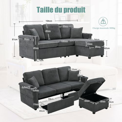 Canapé d’angle 4 places gris foncé, LED, USB-C, coffre rangement, porte-gobelet, confort
