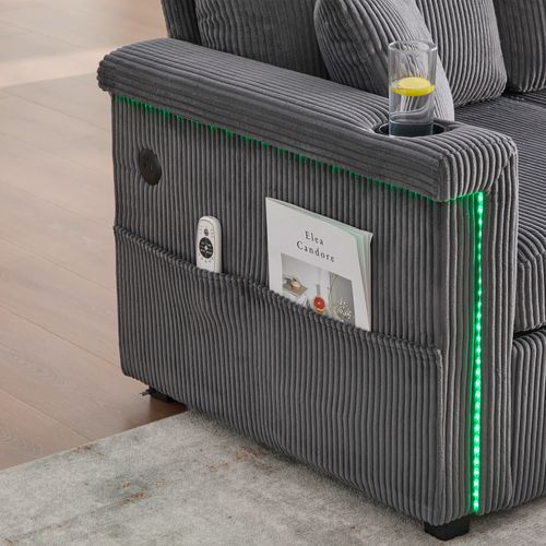 Canapé d’angle 4 places gris foncé, LED, USB-C, coffre rangement, porte-gobelet, confort