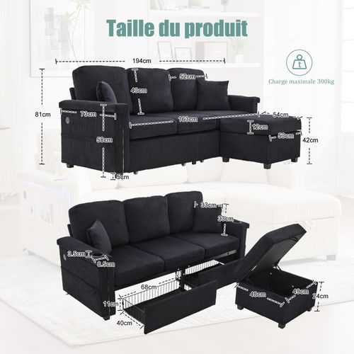 Canapé Noir En Velours Côtelé 194 Cm Avec LED Et Ports USB Pour Salon