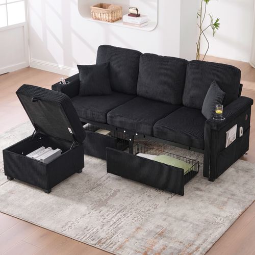 Canapé Noir En Velours Côtelé 194 Cm Avec LED Et Ports USB Pour Salon