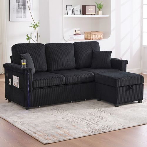 Canapé Noir En Velours Côtelé 194 Cm Avec LED Et Ports USB Pour Salon