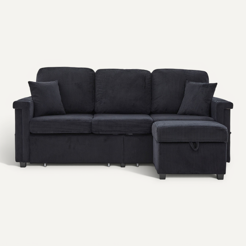 Canapé Noir En Velours Côtelé 194 Cm Avec LED Et Ports USB Pour Salon