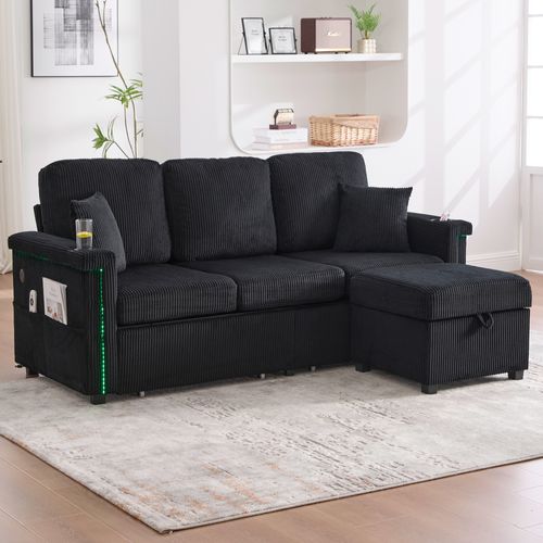 Canapé Noir En Velours Côtelé 194 Cm Avec LED Et Ports USB Pour Salon