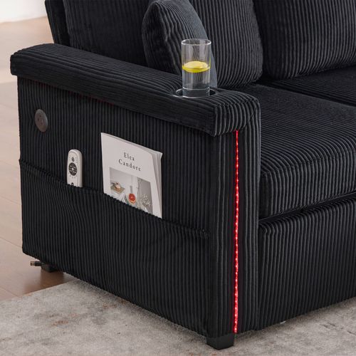 Canapé Noir En Velours Côtelé 194 Cm Avec LED Et Ports USB Pour Salon