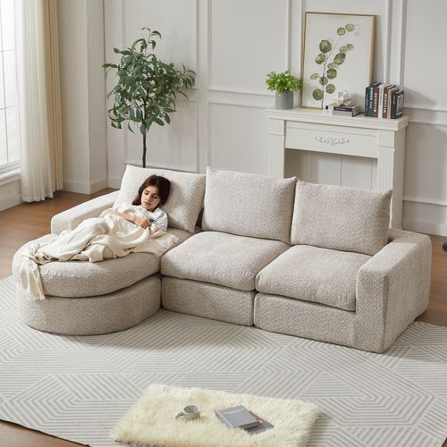 Canapé Modulaire Chenille Beige 4 Modules Avec Méridienne Réversible