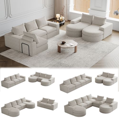 Canapé Modulaire Chenille Beige 4 Modules Avec Méridienne Réversible