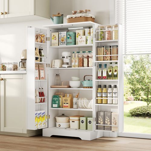 Meuble De Rangement Cuisine 60x35x128 Cm En Mdf Avec éclairage LED à Capteur Blanc