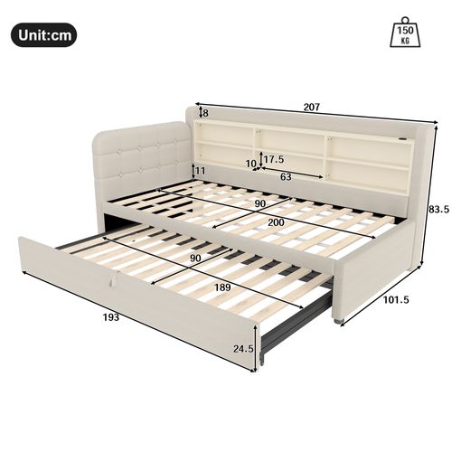 Lit Banquette Beige 90x200 Cm Avec Lit Gigogne, Ports USB/type-c, Pour Petit Espace