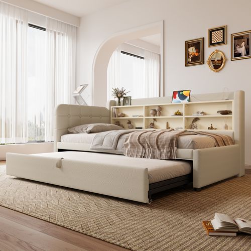 Lit Banquette Beige 90x200 Cm Avec Lit Gigogne, Ports USB/type-c, Pour Petit Espace