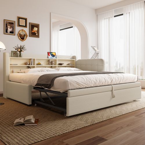 Lit Banquette Beige 90x200 Cm Avec Lit Gigogne, Ports USB/type-c, Pour Petit Espace