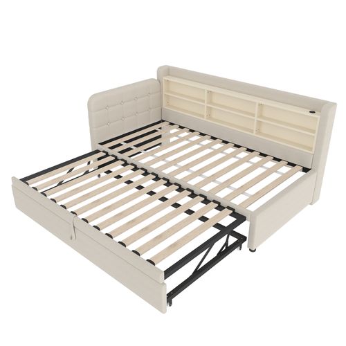 Lit Banquette Beige 90x200 Cm Avec Lit Gigogne, Ports USB/type-c, Pour Petit Espace