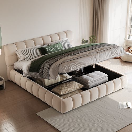 Lit Coffre 140x190 Cm Avec Coffre De Rangement Velours Beige