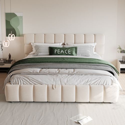 Lit Coffre 140x190 Cm Avec Coffre De Rangement Velours Beige