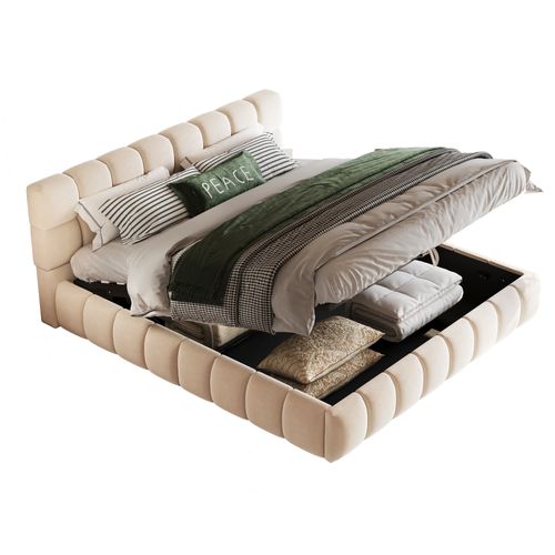 Lit Coffre 140x190 Cm Avec Coffre De Rangement Velours Beige