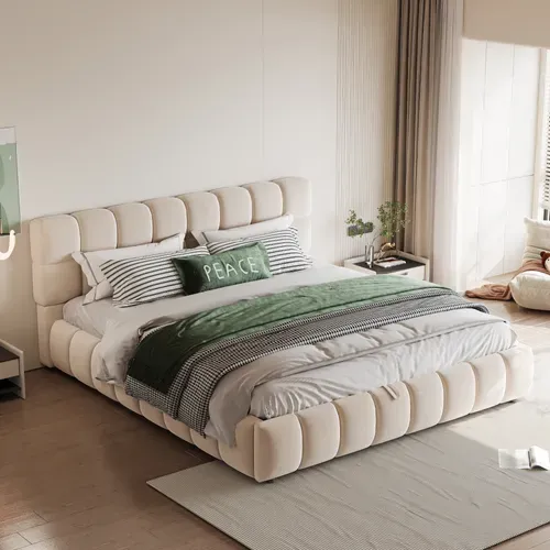 Lit Coffre 140x190 Cm Avec Coffre De Rangement Velours Beige